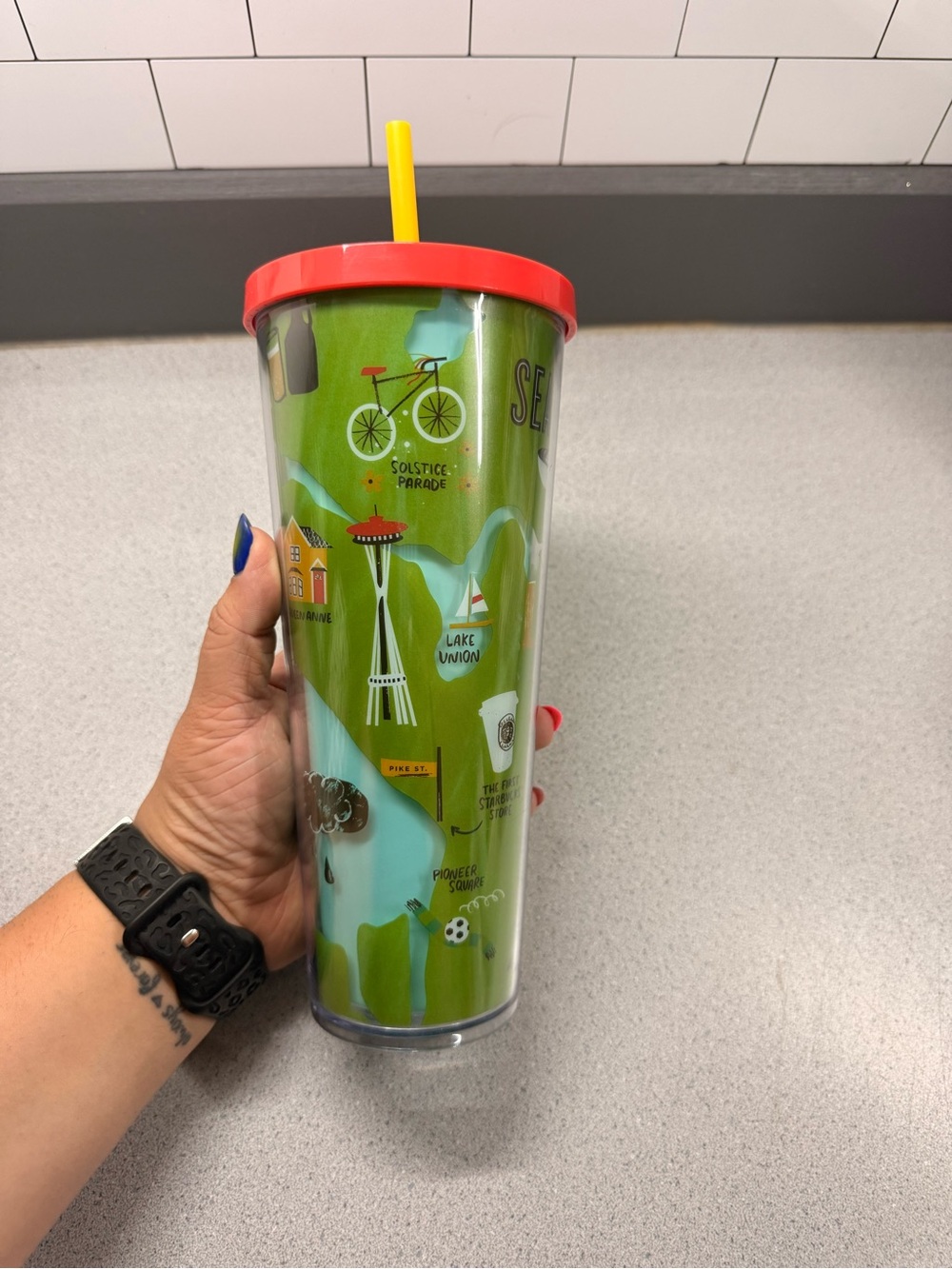 Starbucks Green Map Tumbler with Red Lid and Yellow Straw